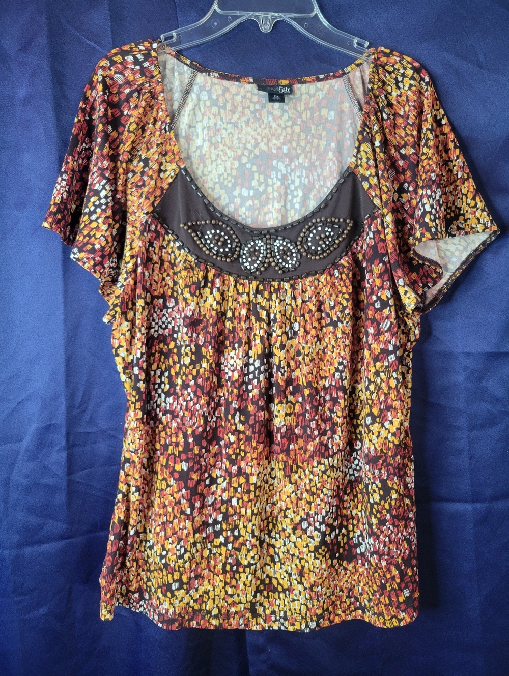 East 5th Multicolor Beaded Scoop Neck Flutter Sleeve Blouse